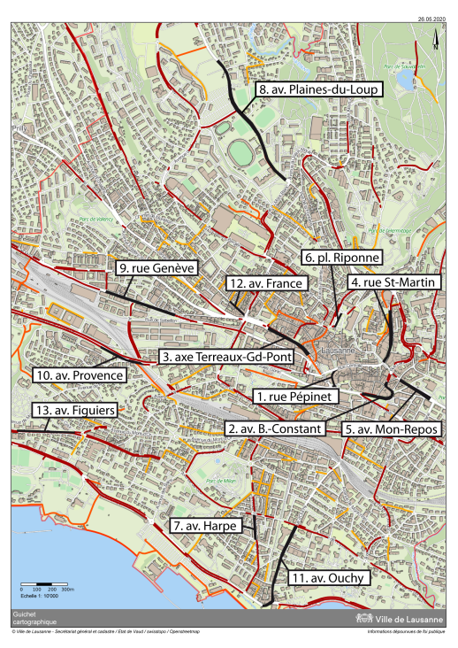 Karte der in Folge des ersten Lockdowns realisierten Veloinfrastruktur in Lausanne und deren Einbindung ins Netz (Karte: Stadt Lausanne)
