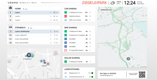 Il monitor della mobilità multimodale proietta dati in tempo reale nell'area di ingresso  (Screenshot: Trafiko AG)