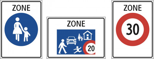 Depuis 2002, les zones de rencontre (signal 2.59.5 OSR) comblent la brèche entre vitesse 30 et zone piétonne (source: Ordonnance sur la signalisation routière OSR)