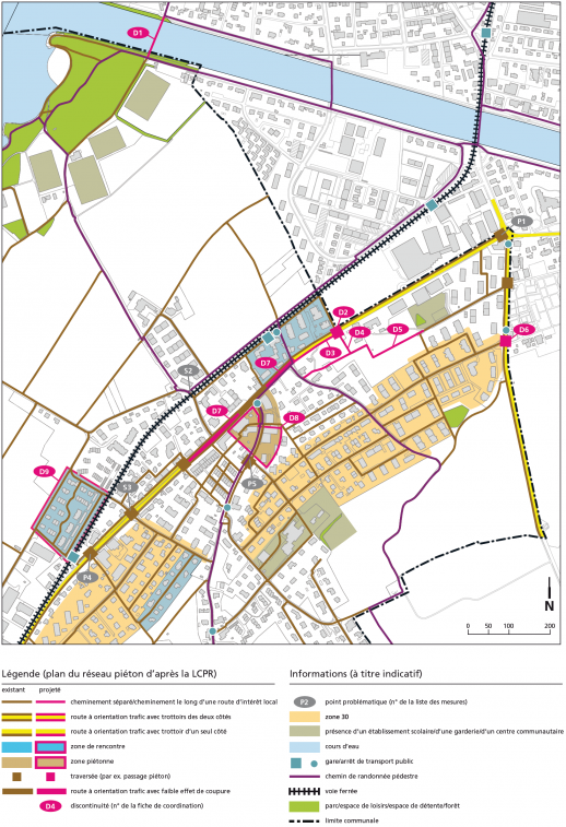 Exemple de représentation d’un plan de réseau de cheminements piétons (source : manuel de planification «réseaux de cheminements piétons», carte à télécharger sous «Documents» ci-dessous)