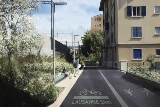 Photomontage de la rue des Martinets de la Voie verte d’Agglomération Lausanne-Morges (PALM) . O y voit le traitement de la séparation des flux, les espaces de séjour, la signalétique, l’éclairage et la dimension paysagère. (image: SDRM 2017, Cahier 6)