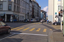 Schanzenstrasse / Spitalstrasse : Carrefour pilote sans accès par piste cyclable (Image : Office de la mobilité du canton de Bâle-Ville)