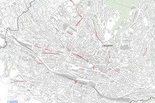Karte der in Folge des ersten Lockdowns realisierten Veloinfrastruktur (rot) in Lausanne (Karte: Stadt Lausanne)