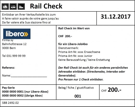 Muster für einen Rail Check 200.- von Libero (Bild: Libero Tarifverbund)
