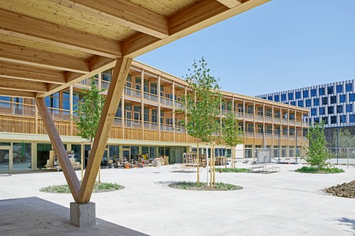 Etablissement scolaire Pfingstweid – vue sud, côté parc de quartier (Image : ville de Zurich)