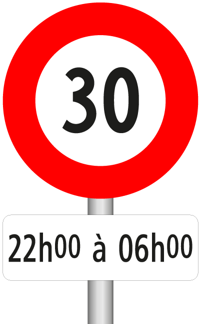 Exemple de panneau de signalisation de limitation à 30 km/h entre 22h00 – 06h00 (photo : Ville de Lausanne)