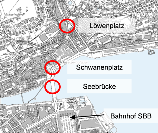 Emplacement des compteurs pour le relevé pilote à Lucerne (illustration: rapport de recherche SVI)