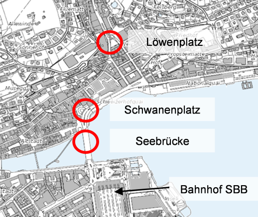  Ubicazione dei dispositivi di conteggio per il sondaggio pilota a Lucerna (Illustrazione: rapporto di ricerca SVI)