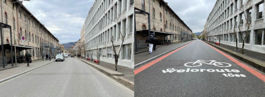 Foto vor und nach der Umgestaltung der «Veloroute Töss» im Sulzer-Areal (Foto: Stadt Winterthur)
