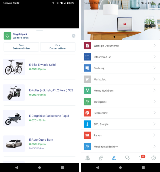  Schermata dell'app con informazioni sulla mobilità e monitor della mobilità (vedi immagine precedente).  Schermata dell'app Trafikpoint per la prenotazione, l'utilizzo e la fatturazione dei veicoli in condivisione.  (Screenshot: Trafiko AG)