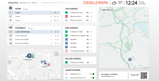 Un moniteur de mobilité multimodal projette des données en temps réel dans l'entrée (Capture d'écran : Trafiko AG)