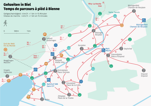 Plan des temps de déplacement à pied à Bienne (image : Ville de Bienne, 2023).