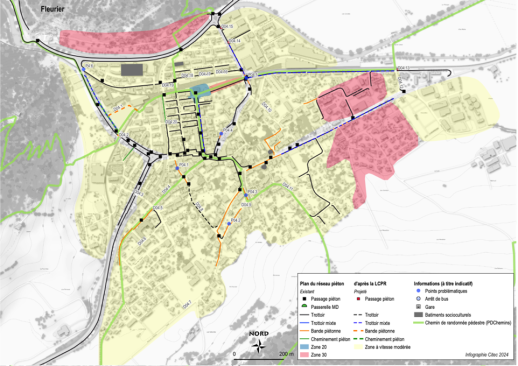 Le Plan du réseau de piéton du village de Fleurier d’après la LCPR indique le réseau existant et planifié ainsi que les points problématiques. On distingue si un trottoir existe des deux côtés de la chaussée ou d’un seul ainsi que les trottoirs mixtes. (p