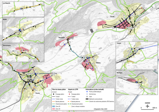 Le Plan d’ensemble des Plans du réseau de piéton des 9 localités de la Commune de Val-de-Travers, tous effectués avec la même méthodologie (plan : Citec, 2024).
