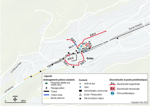 Extrait du Plan d’analyse du réseau de piéton pour la localité de Buttes (600 hab.). La démarche d’élaboration du Plan du réseau piéton s’applique y compris à l’échelle d’un village de quelques centaines d’habitants (plan : Citec, 2024).