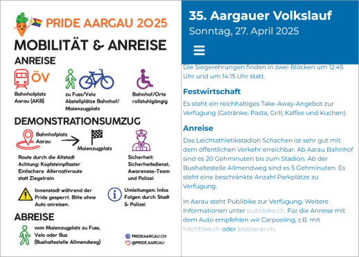 Hinweise zur Anreise bei Pride Aargau und Aargauer Volkslauf (Bilder: Flyer und Website der Veranstaltungen)