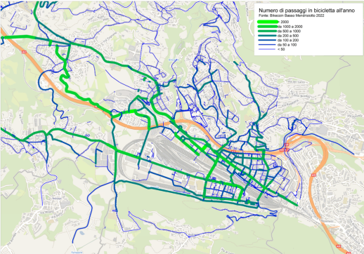 Mit der Mobalt-App aufgezeichnete Arbeitswege während der Kampagne Bikecoin 2022: Je häufiger ein Abschnitt befahren wurde, desto dicker ist die Linie (Quelle: Analyse Mobitrends SA).
