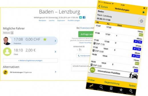 Correspondances des transports publics sur le site Internet de flinc et covoiturage dans l'application CarPostal (capture d’écran CarPostal Suisse SA)