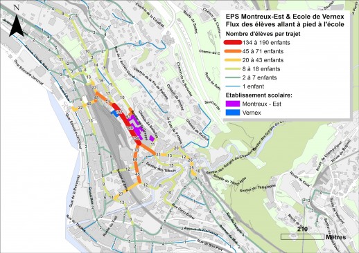 Cheminements utilisés à pied par les élèves à Montreux Vernex (source: Bureau-conseil ATE)