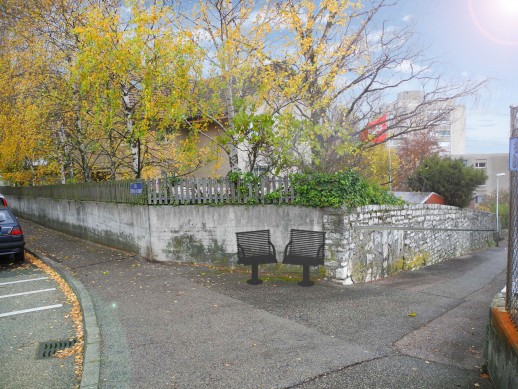 Image 5 : Image de synthèse de l’ajout de deux sièges relais au haut du passage des Gerles, au carrefour avec la rue Jean de la Grange. (photomontage : Ville de Neuchâtel)
