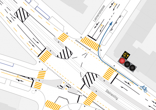 Plan de situation du carrefour pilote Steinenring / Leimenstrasse (Image : Office de la mobilité du canton de Bâle-Ville)