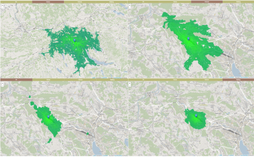 Isochronen-Karten des commuteRANK Analytics-Tools: Erreichbarkeit von IKEA Spreitenbach innerhalb von 45 Minuten per Auto (oben links), Velo (oben rechts), ÖV (unten links) und zu Fuss (unten rechts) (Bild: routeRANK) 