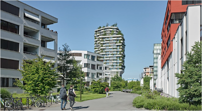 Das Quartier Suurstoffi in Rotkreuz (ZG) setzt auf Begrünung und nachhaltige Mobilität (Foto: Website Suurstoffi)