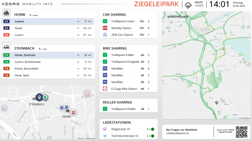 Il monitor per la mobilità multimodale Trafikscreen aiuta con informazioni in tempo reale nella scelta del giusto mezzo di trasporto nel sito Ziegeleipark di Horw/Kriens LU (Immagine: Trafikscreen)