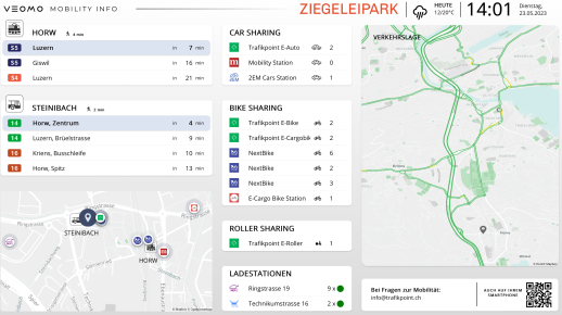 Der multimodale Mobilitätsmonitor Trafikscreen hilft mit Echtzeitinformationen bei der Wahl des richtigen Verkehrsmittels auf dem Areal Ziegeleipark in Horw/Kriens LU  (Bild: Trafikscreen)