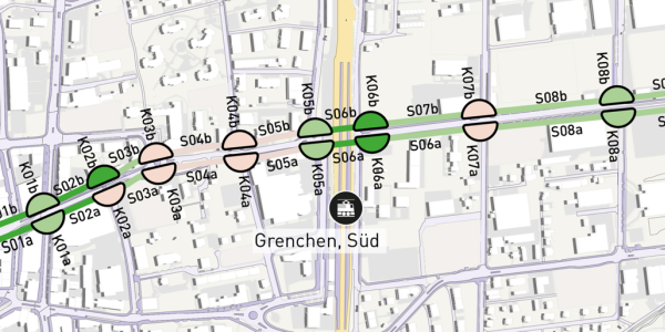 Esempio di applicazione del metodo di valutazione LTS per un percorso ciclabile prioritario pianificato a Grenchen (Foto: KONTEXTPLAN)