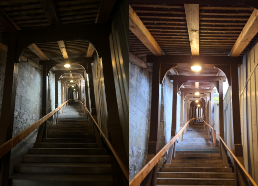 Vorher - Nachher auf der Fricktreppe in Bern. Die Leuchtmittel auf der Treppe wurden ersetzt, damit die Treppe auch tagsüber heller beleuchtet wird, was das Sicherheitsbefinden der Treppensteigenden erhöht. (Foto: bfm)
