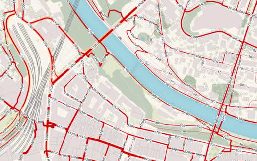 Die Modellierung von Fussverkehrsströmen ermöglicht es, vorrangige Wege zu ermitteln, die Auswirkungen von Baumassnahmen zu bewerten und die Infrastruktur zu planen (Karte: Metron – Kategorie „Fussverkehrsmengen“)